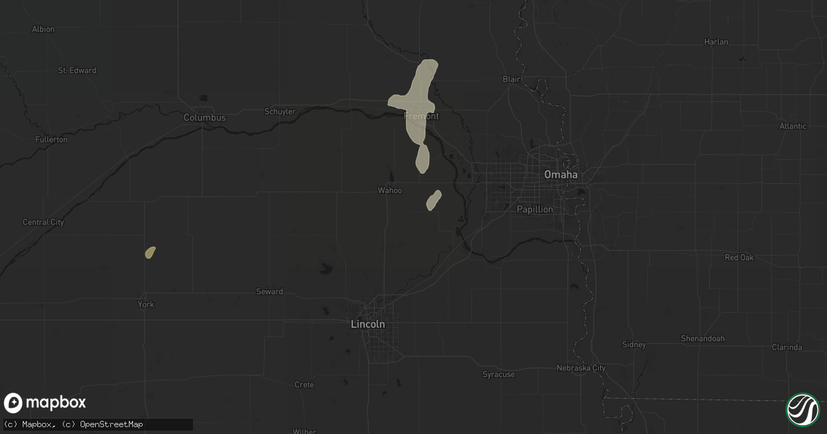 Hail map in Ithaca, NE on July 1, 2026