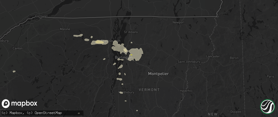 Hail map in Jericho, VT on July 1, 2026