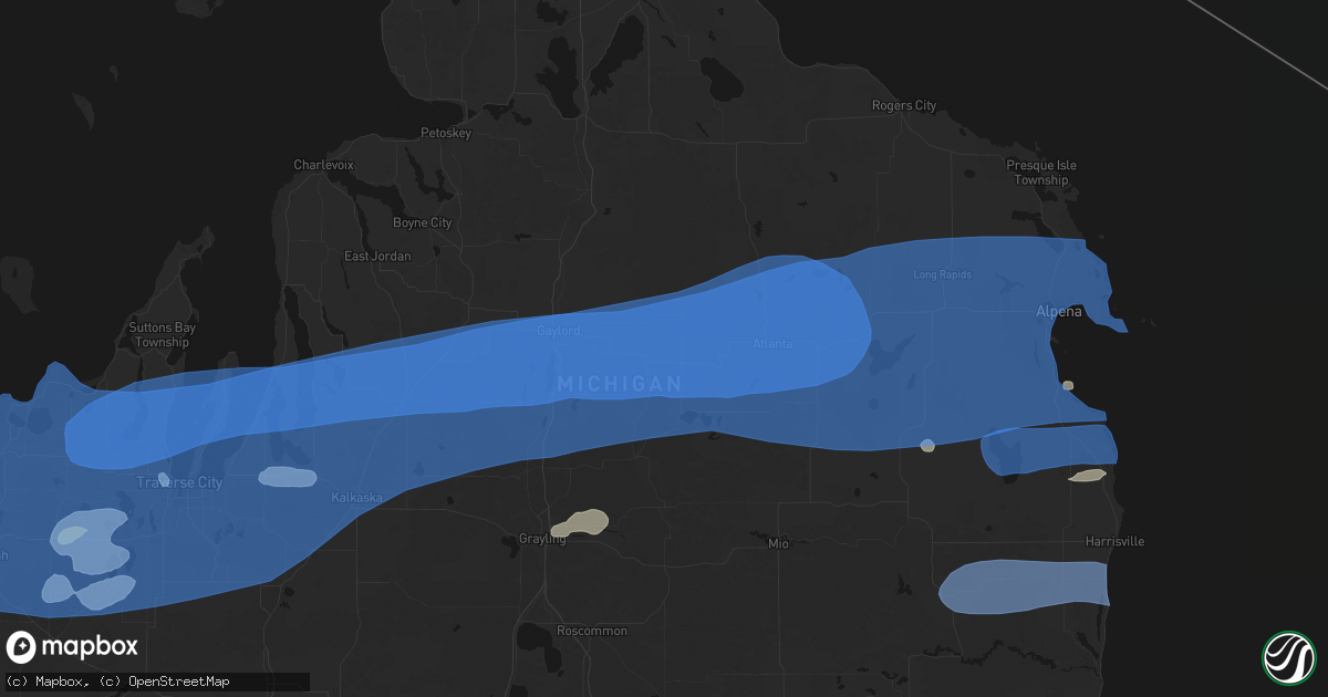 Hail map in Johannesburg, MI on July 1, 2026