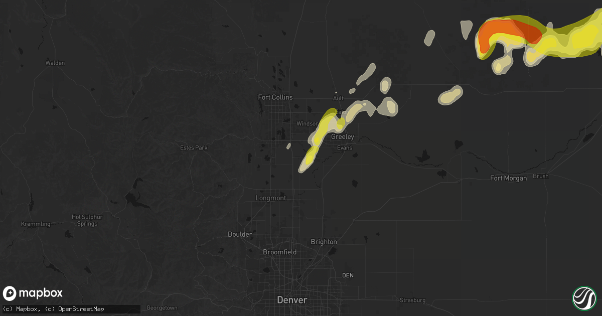 Hail map in Johnstown, CO on July 1, 2026