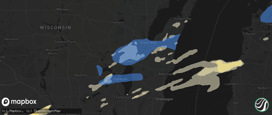 Hail map in Kaukauna, WI on July 1, 2026