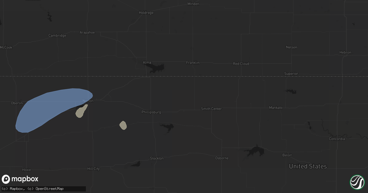Hail map in Kensington, KS on July 1, 2026
