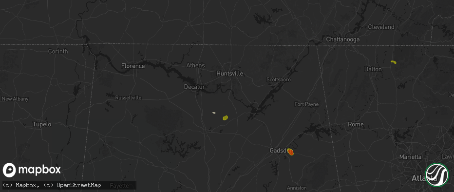 Hail map in Laceys Spring, AL on July 1, 2026