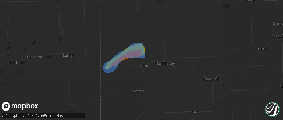 Hail map in Lakin, KS on July 1, 2026