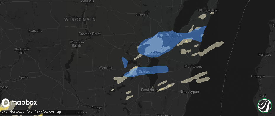 Hail map in Larsen, WI on July 1, 2026
