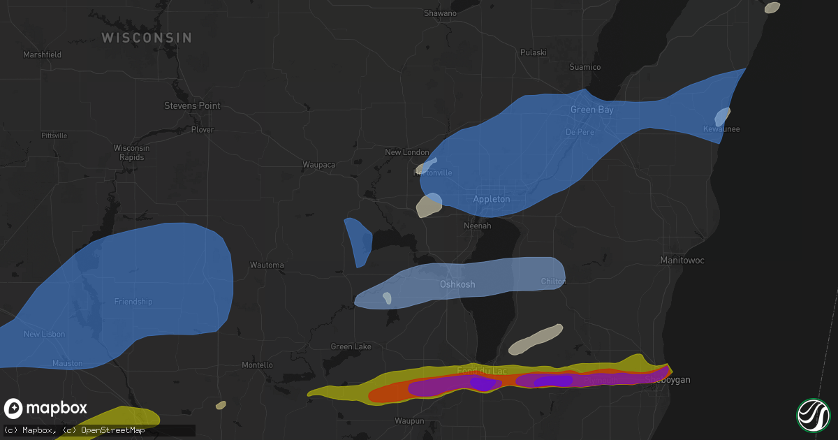 Hail map in Larsen, WI on July 1, 2026