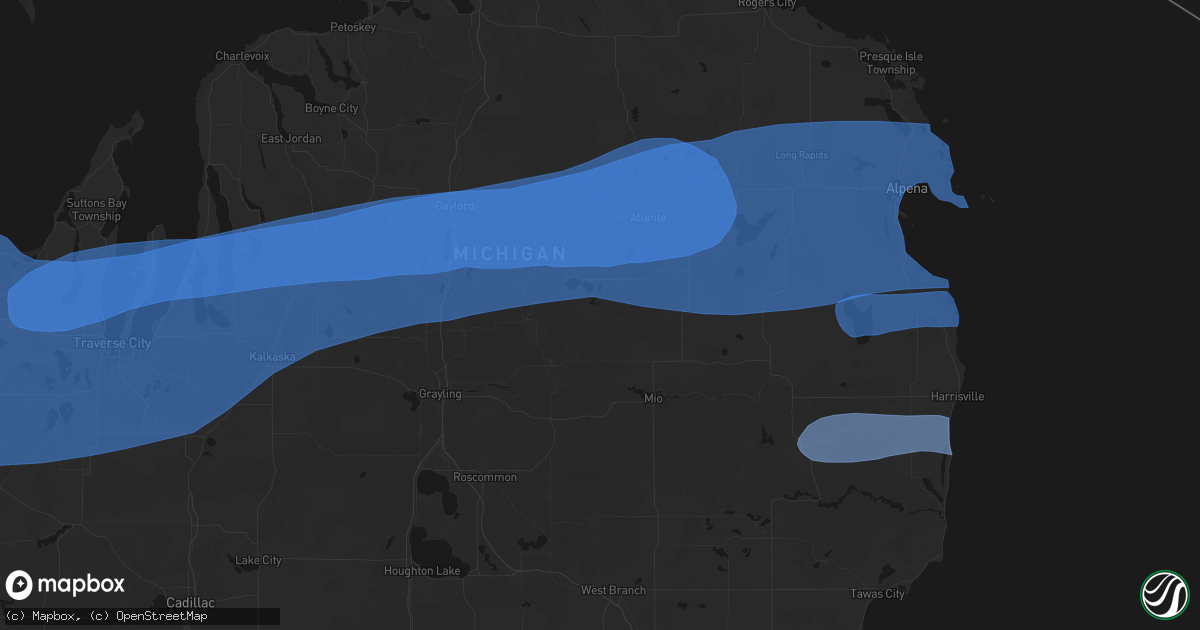 Hail map in Lewiston, MI on July 1, 2026