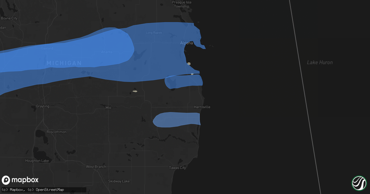 Hail map in Lincoln, MI on July 1, 2026