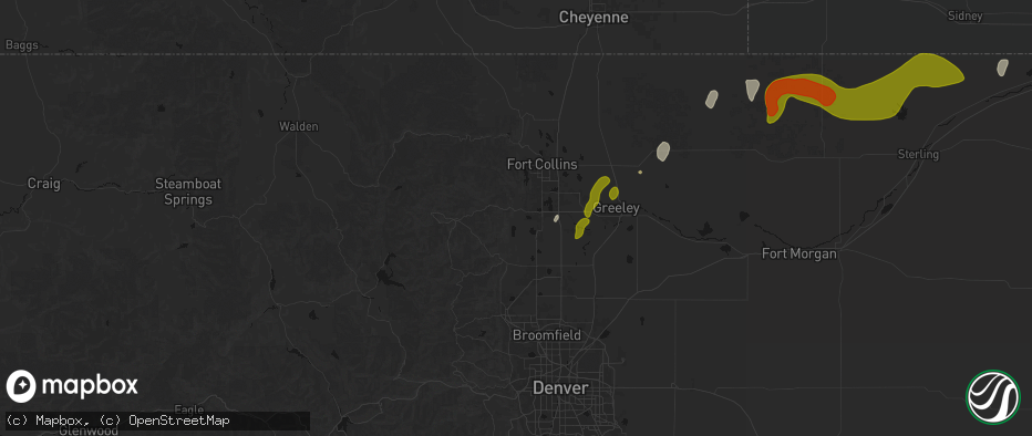 Hail map in Loveland, CO on July 1, 2026