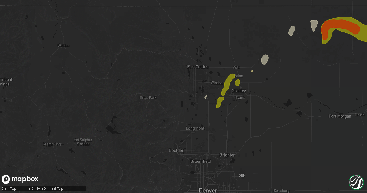 Hail map in Loveland, CO on July 1, 2026