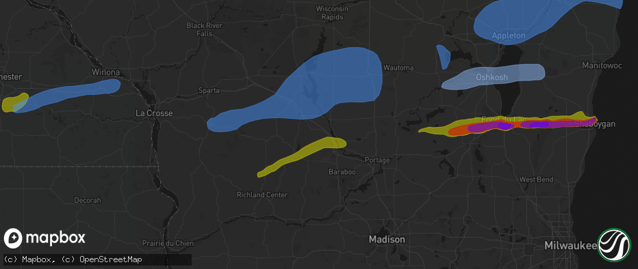 Hail map in Lyndon Station, WI on July 1, 2026