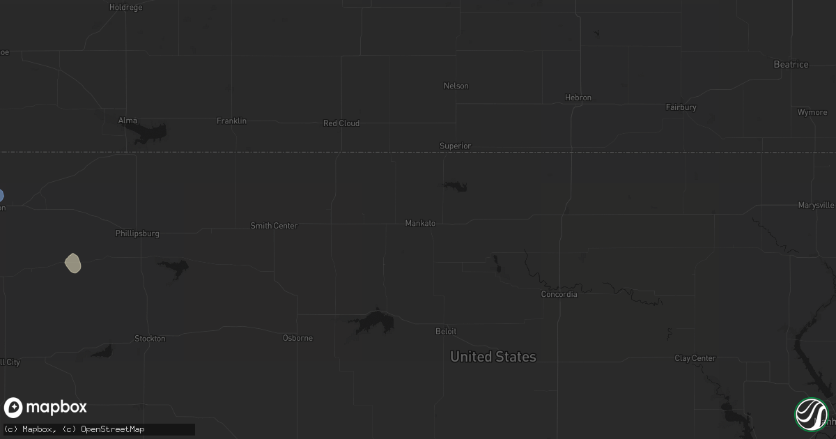 Hail map in Mankato, KS on July 1, 2026
