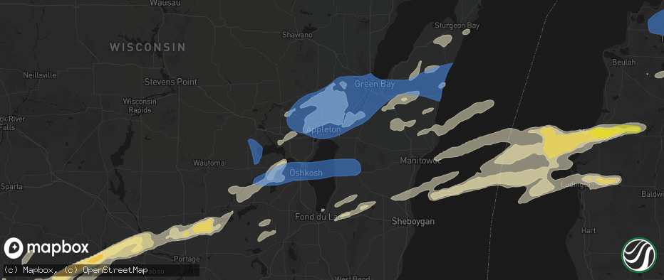 Hail map in Menasha, WI on July 1, 2026