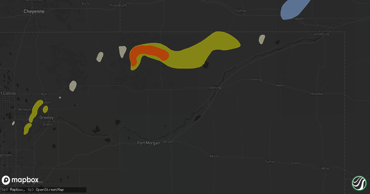 Hail map in Merino, CO on July 1, 2026