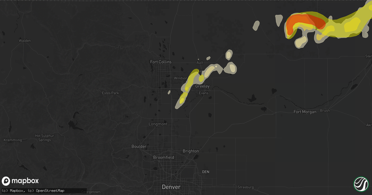 Hail map in Milliken, CO on July 1, 2026