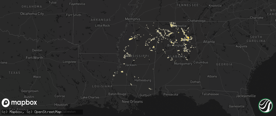 Hail map in Mississippi on July 1, 2026