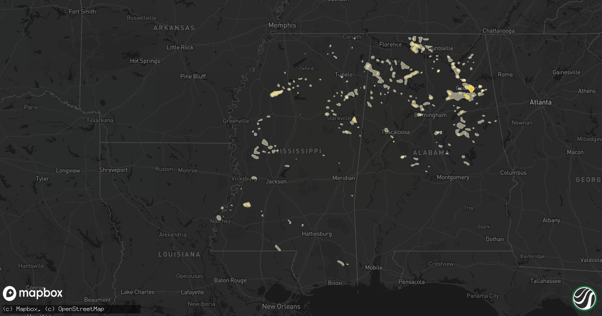 Hail map in Mississippi on July 1, 2026