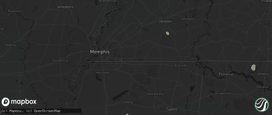 Hail map in Moscow, TN on July 1, 2026