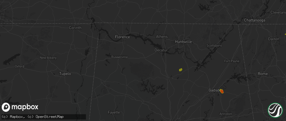 Hail map in Moulton, AL on July 1, 2026