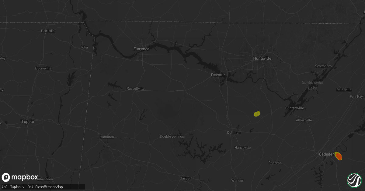 Hail map in Moulton, AL on July 1, 2026