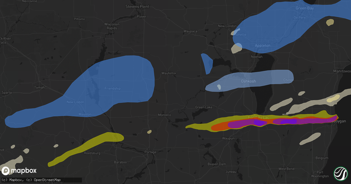 Hail map in Neshkoro, WI on July 1, 2026