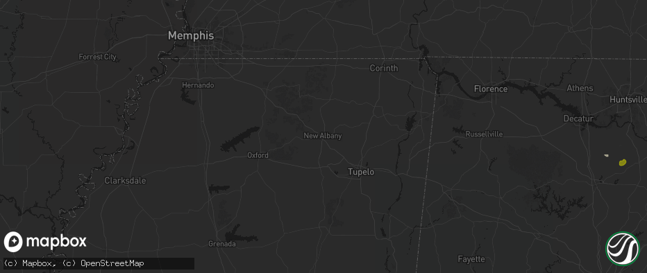Hail map in New Albany, MS on July 1, 2026