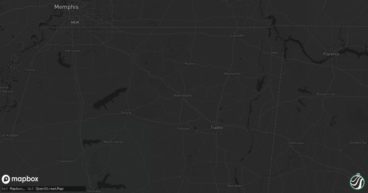 Hail map in New Albany, MS on July 1, 2026