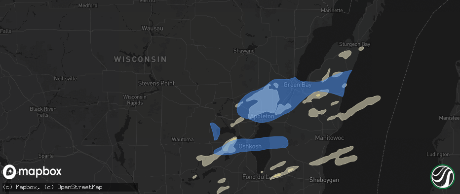 Hail map in New London, WI on July 1, 2026