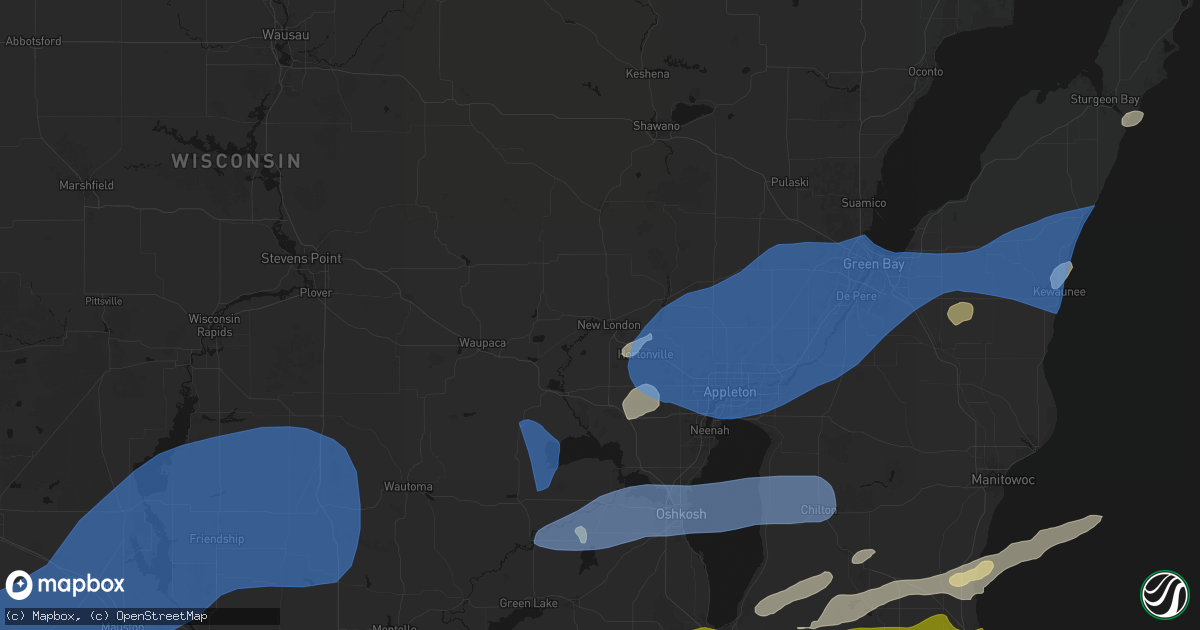Hail map in New London, WI on July 1, 2026