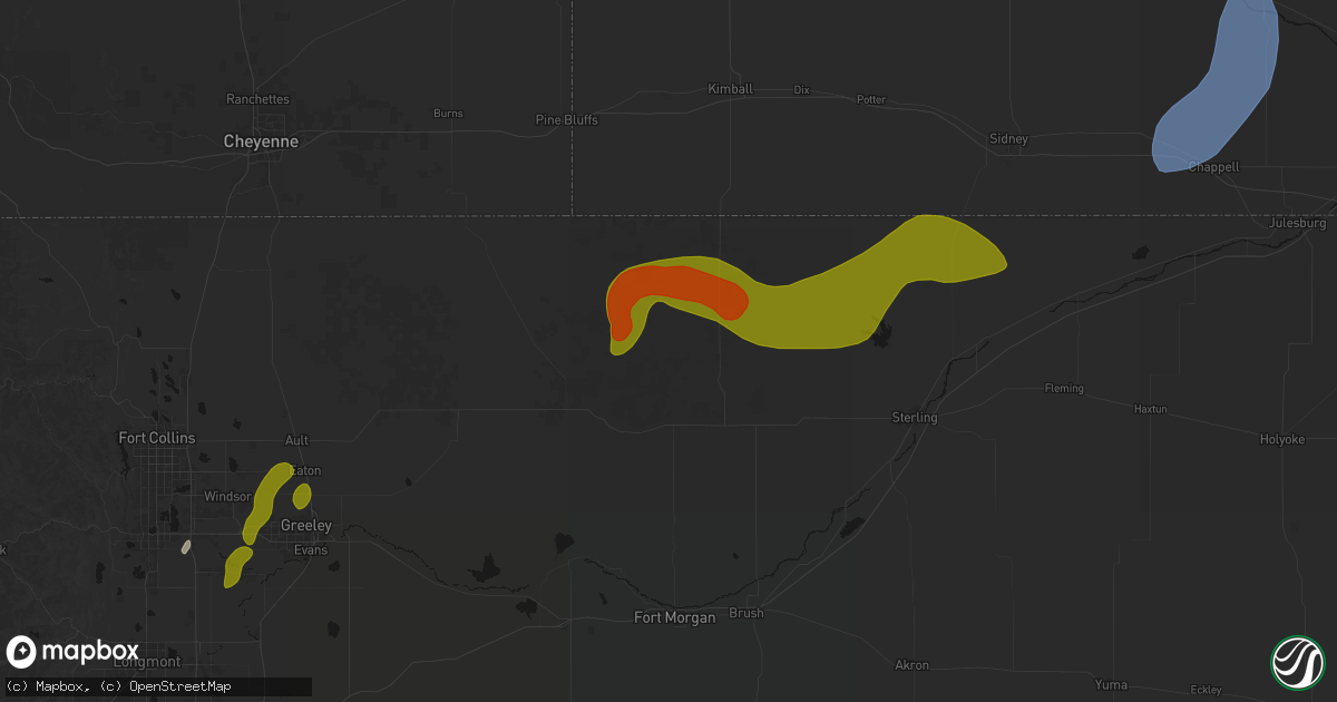 Hail map in New Raymer, CO on July 1, 2026