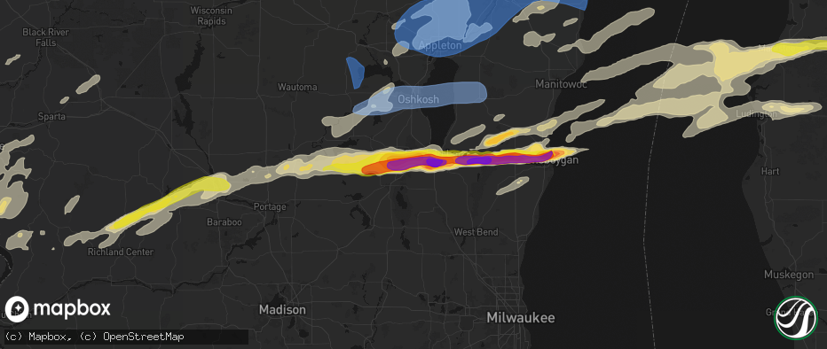 Hail map in Oakfield, WI on July 1, 2026