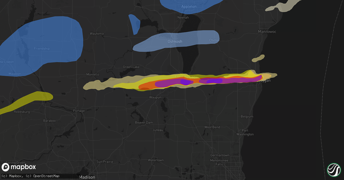 Hail map in Oakfield, WI on July 1, 2026