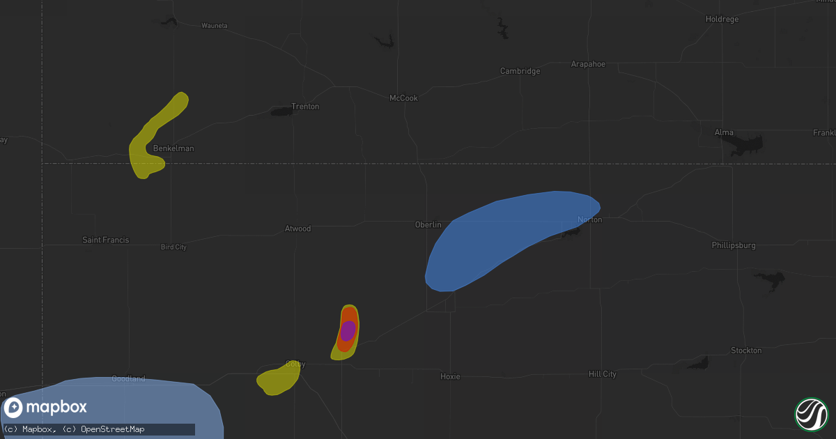 Hail map in Oberlin, KS on July 1, 2026