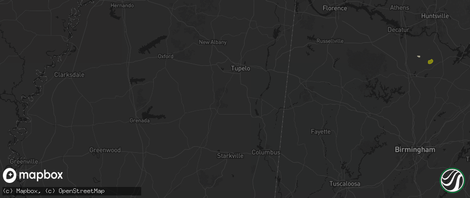 Hail map in Okolona, MS on July 1, 2026
