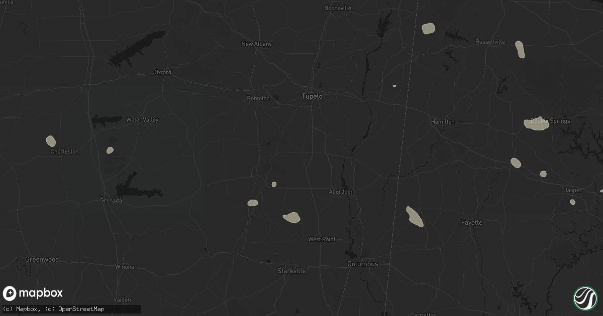 Hail map in Okolona, MS on July 1, 2026
