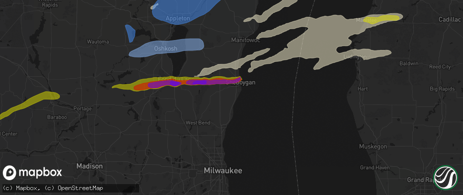 Hail map in Oostburg, WI on July 1, 2026