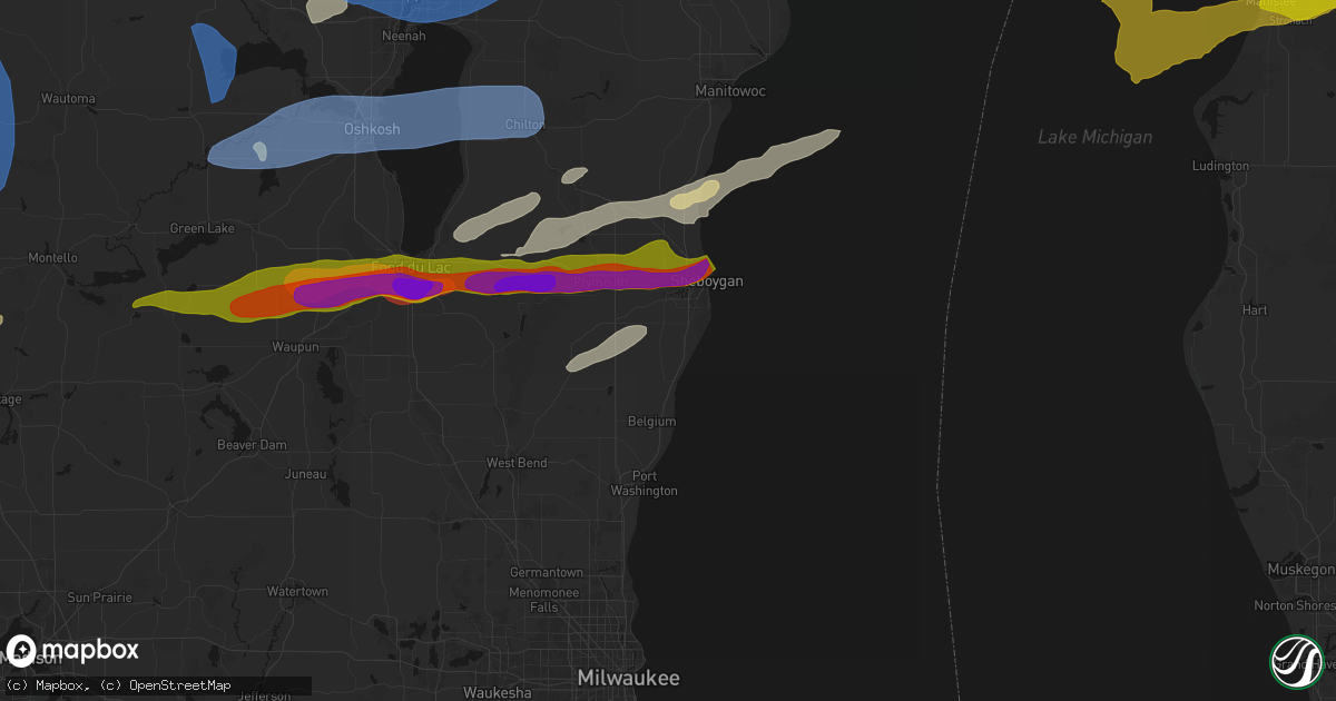 Hail map in Oostburg, WI on July 1, 2026