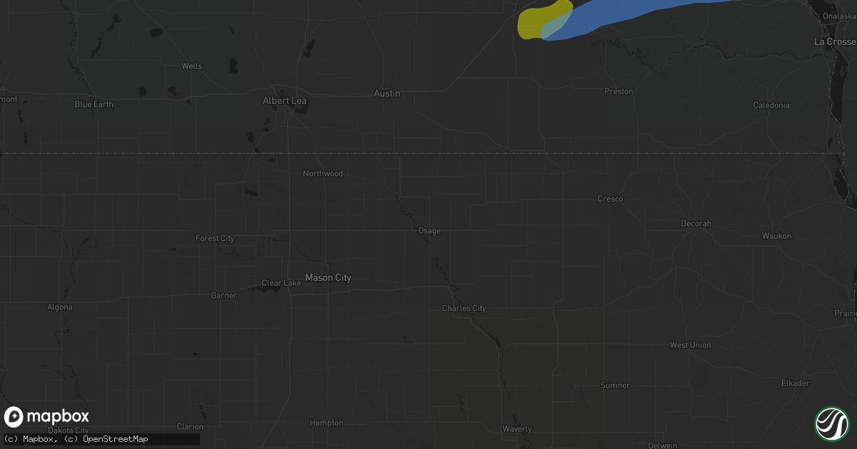 Hail map in Osage, IA on July 1, 2026