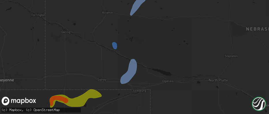 Hail map in Oshkosh, NE on July 1, 2026