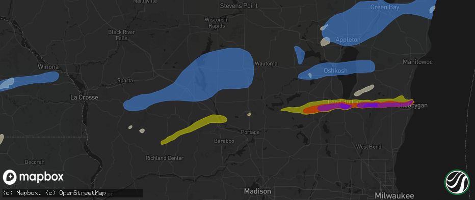 Hail map in Oxford, WI on July 1, 2026