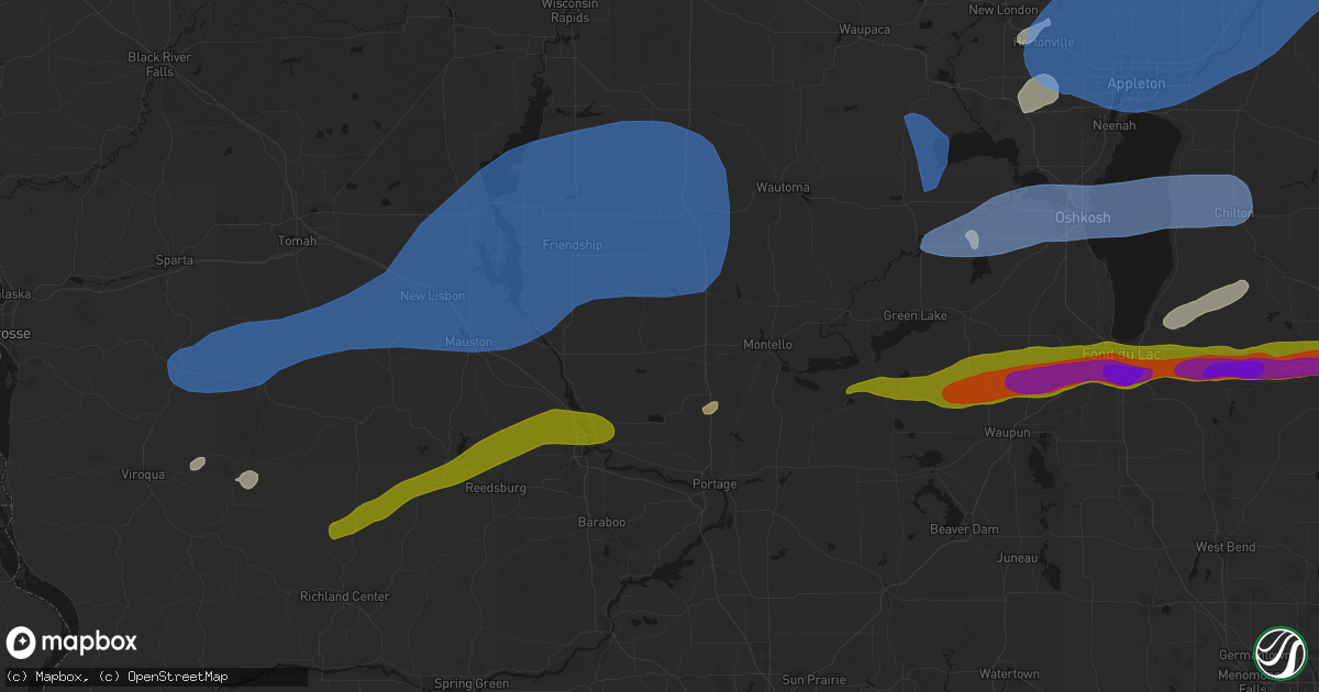 Hail map in Oxford, WI on July 1, 2026
