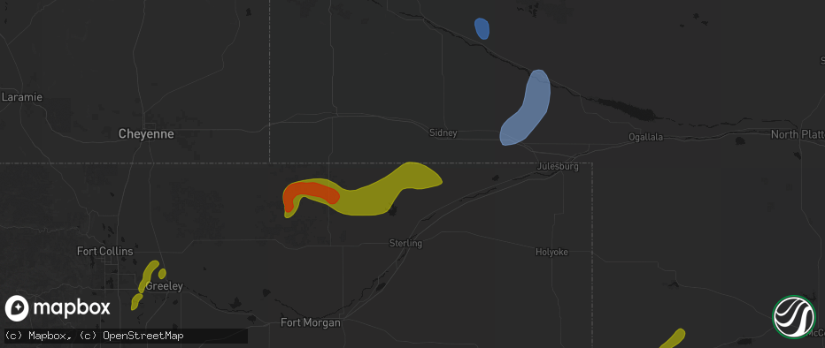 Hail map in Peetz, CO on July 1, 2026