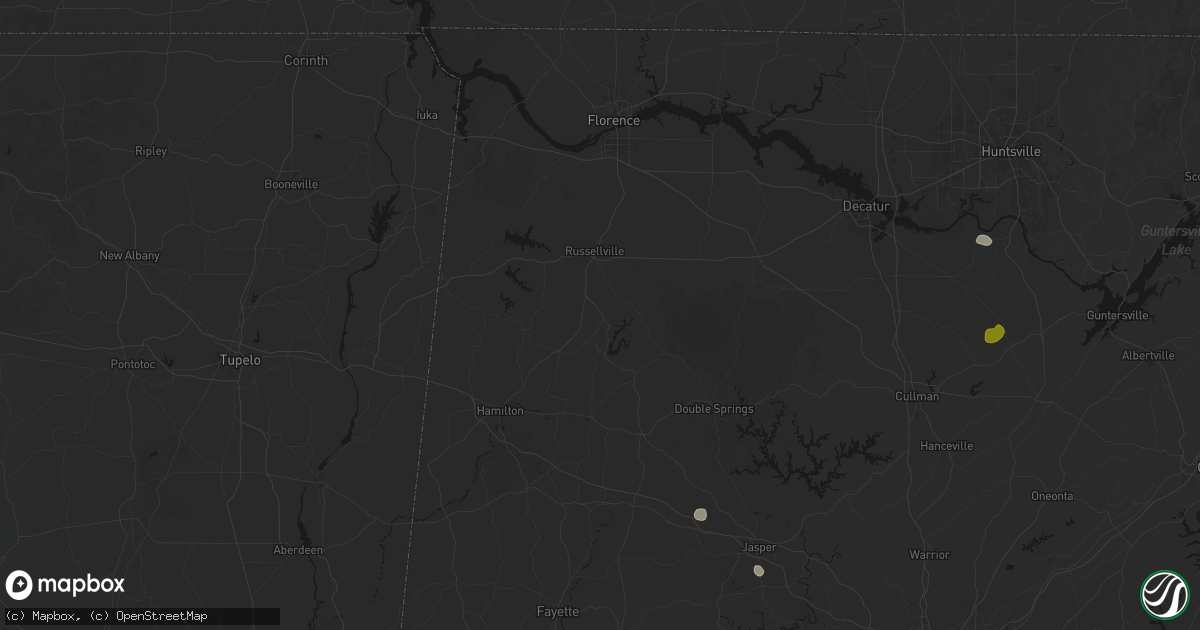 Hail map in Phil Campbell, AL on July 1, 2026