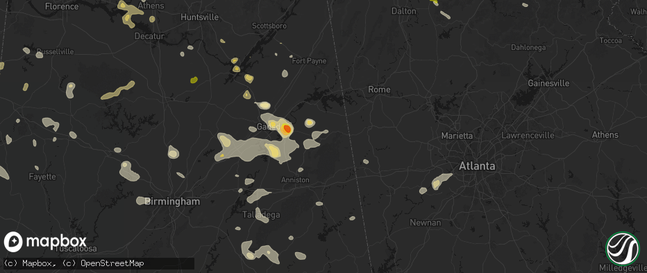 Hail map in Piedmont, AL on July 1, 2026