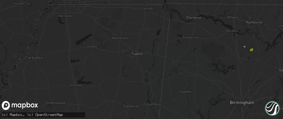 Hail map in Plantersville, MS on July 1, 2026