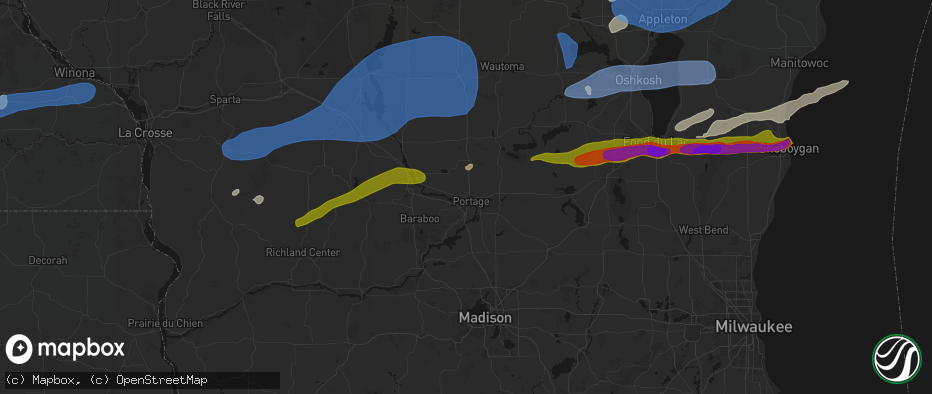 Hail map in Portage, WI on July 1, 2026
