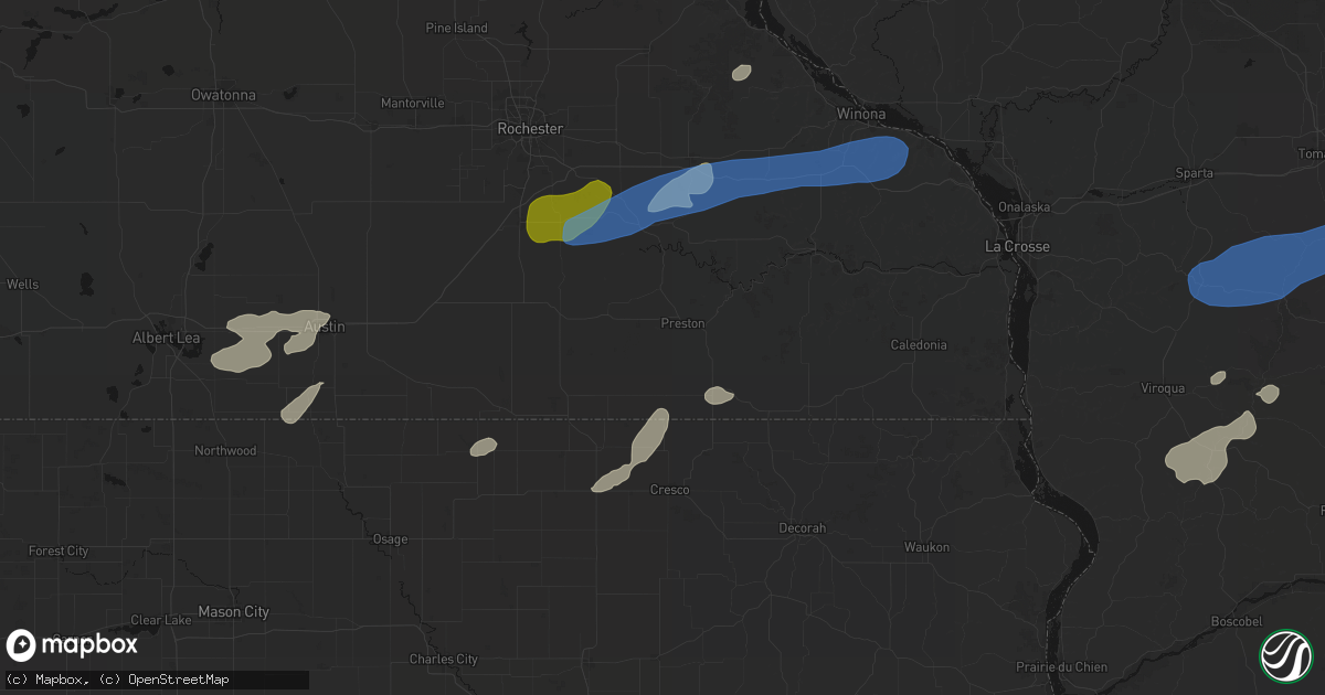 Hail map in Preston, MN on July 1, 2026