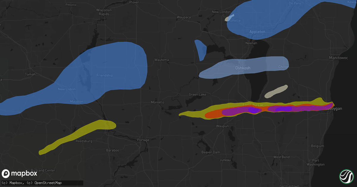 Hail map in Princeton, WI on July 1, 2026