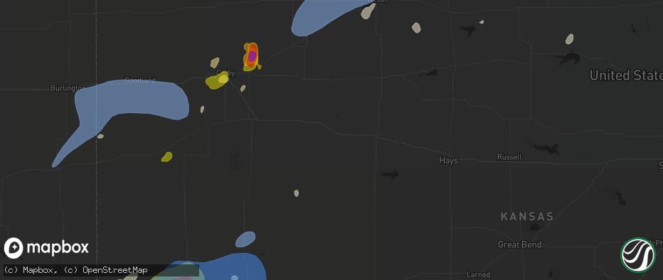 Hail map in Quinter, KS on July 1, 2026