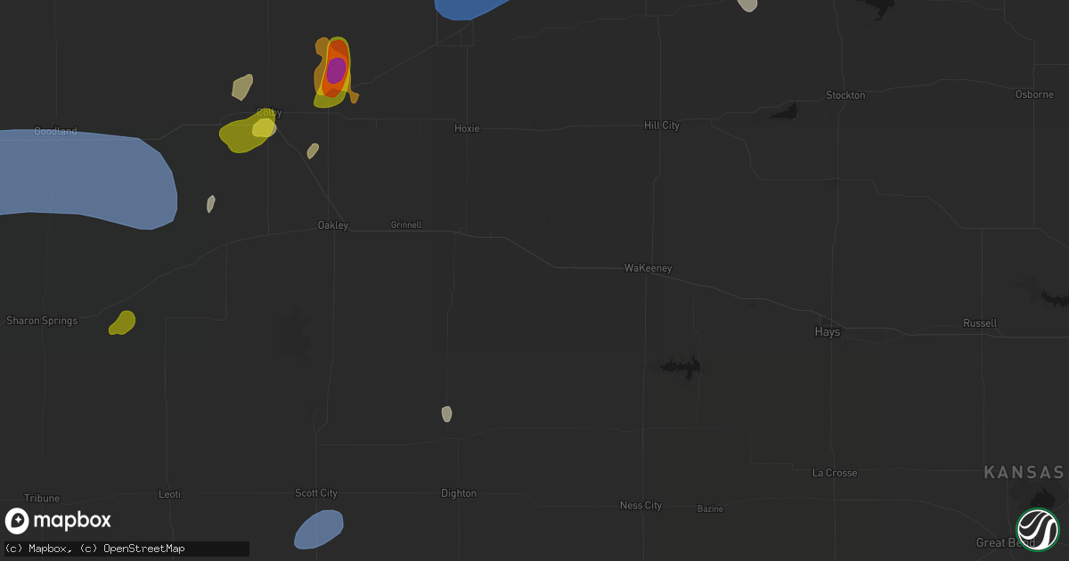 Hail map in Quinter, KS on July 1, 2026